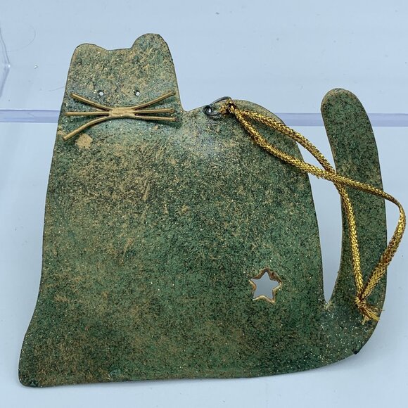 Set of 3 Rustic Metal Ornaments - Green Cat, Copper Moon Wolf, Gold Wire Tree - Picture 4 of 9